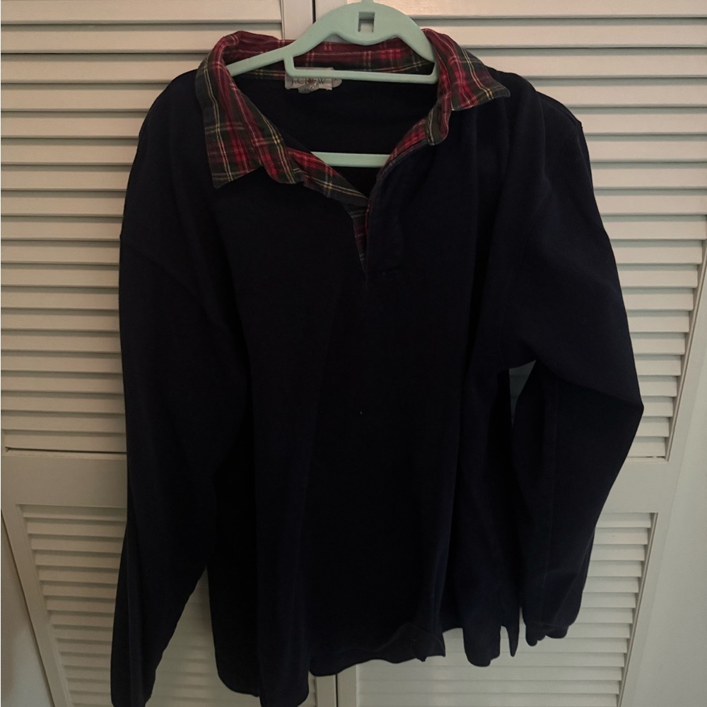 J. Crew Vintage Navy Shirt with Red Plaid Collar